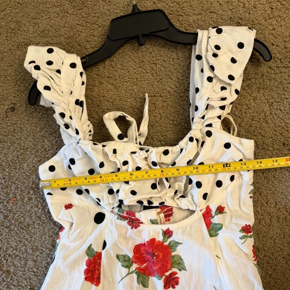 Free People Polka Dot Floral Mini Dress White Red Ruffle Cutout Tie Back Small S